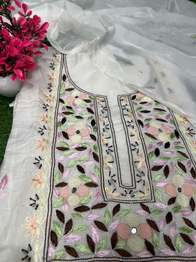 Lucknowi Chikankari Parsi Gara Crepe Unstitched Suit Set with Mirror & Pearl Handwork