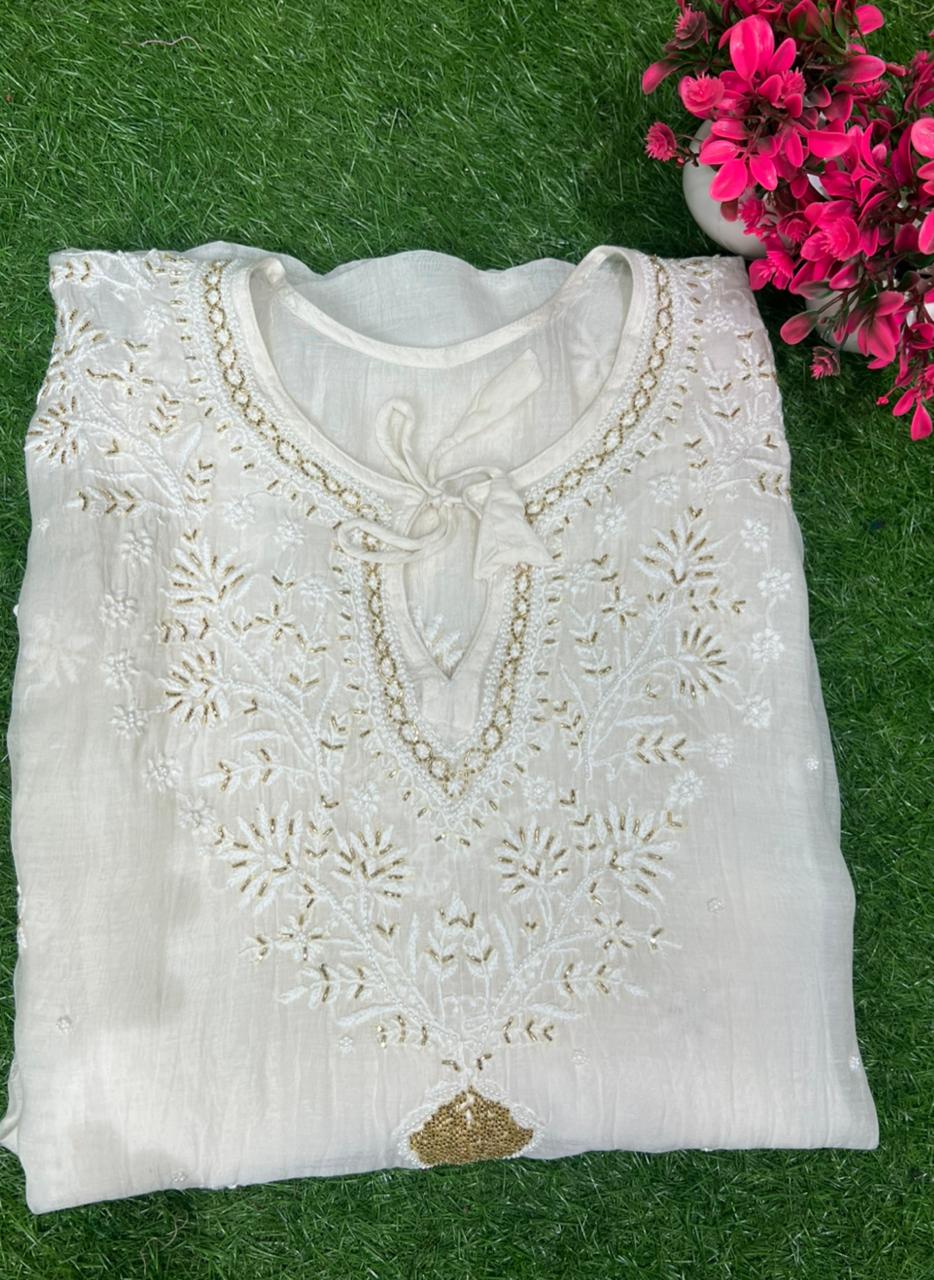 Lucknowi Chikankari Kaftan with Cutdana & Pearl Hand Embroidery – Mul Chanderi (Unstitched)