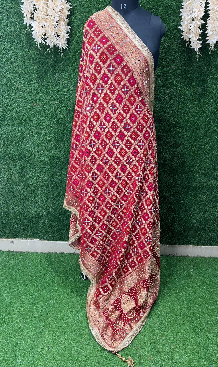 Georgette Rai Bandhej Dupatta with Handmade Zari Weaving