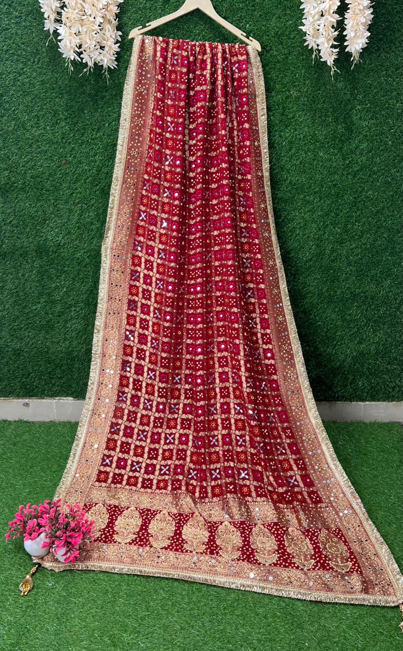 Georgette Rai Bandhej Dupatta with Handmade Zari Weaving
