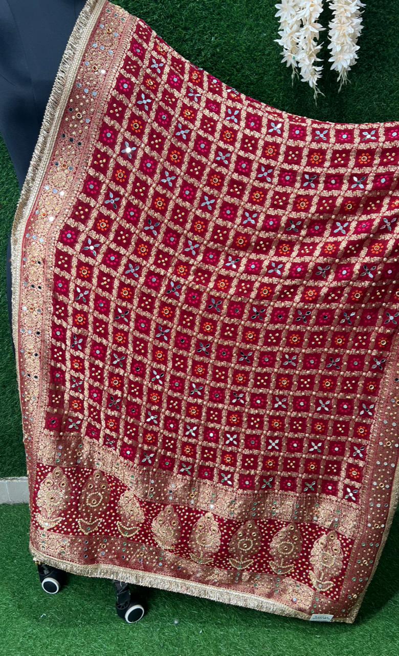 Georgette Rai Bandhej Dupatta with Handmade Zari Weaving