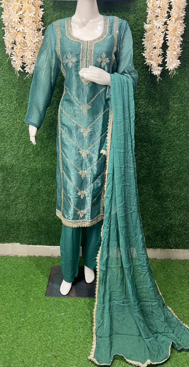 Silk Pearl & Cutdana Sequin Embroidered Kurta Set with Lace Border and Chiffon Dupatta