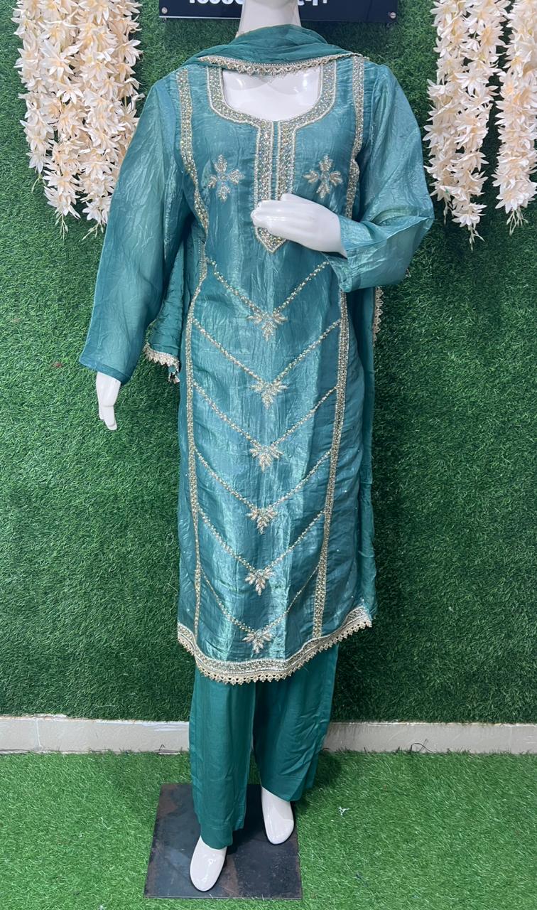 Silk Pearl & Cutdana Sequin Embroidered Kurta Set with Lace Border and Chiffon Dupatta