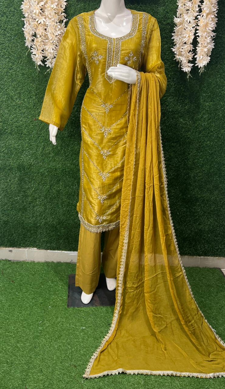 Silk Pearl & Cutdana Sequin Embroidered Kurta Set with Lace Border and Chiffon Dupatta