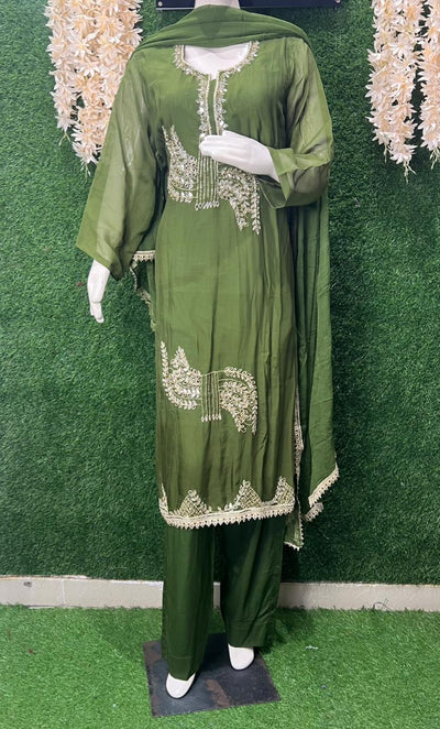 Pearl & Cutdana Real Mirror Embroidered Kurta Suit Set with Chiffon Dupatta