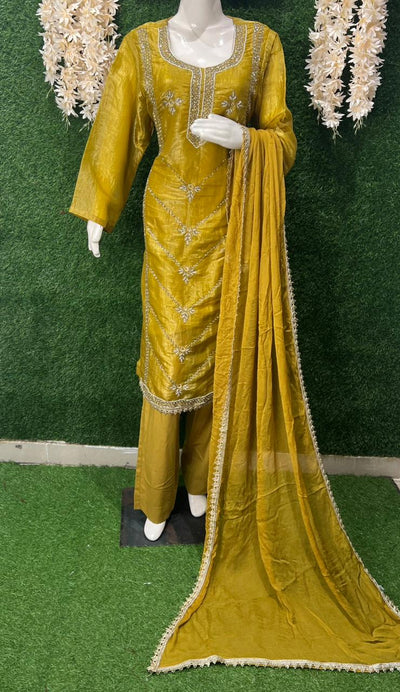 Silk Pearl & Cutdana Sequin Embroidered Kurta Set with Lace Border and Chiffon Dupatta