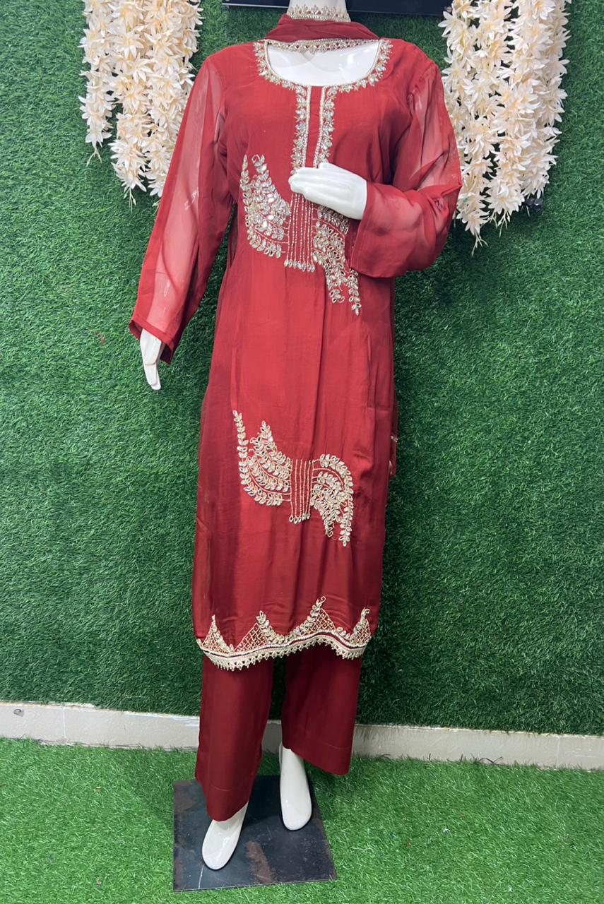 Pearl & Cutdana Real Mirror Embroidered Kurta Suit Set with Chiffon Dupatta