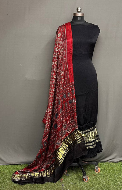 Unstitched Modal Silk Suit Set with Lagdi Patta Kurta & Hand Block Ajrak Dupatta