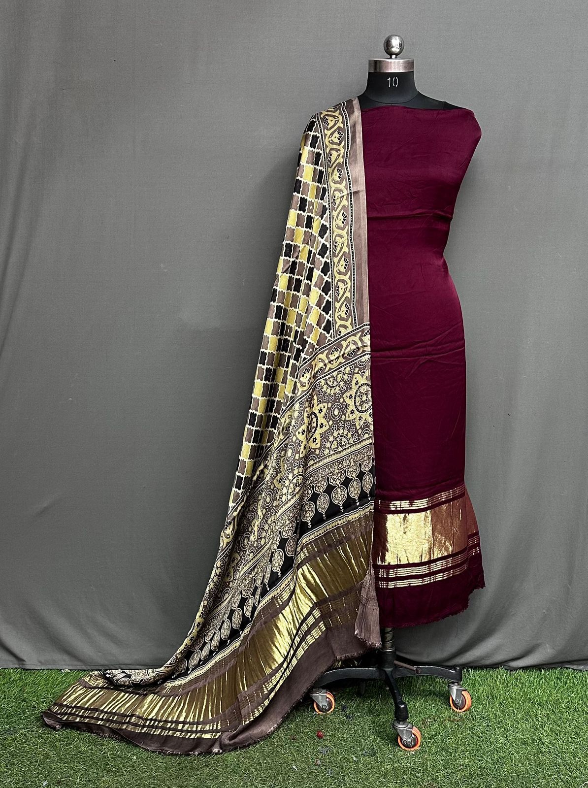 Unstitched Modal Silk Suit Set with Lagdi Patta Kurta & Hand Block Ajrak Dupatta