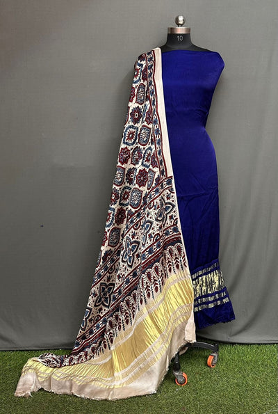 Unstitched Modal Silk Suit Set with Lagdi Patta Kurta & Hand Block Ajrak Dupatta
