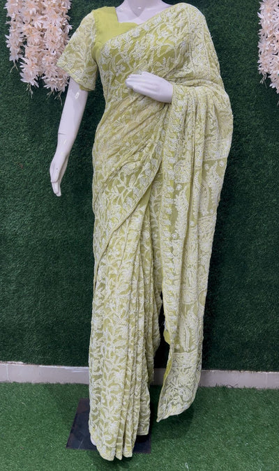 Georgette Lucknowi Chikankari Full Jaal Ready-to-Wear Saree with Blouse