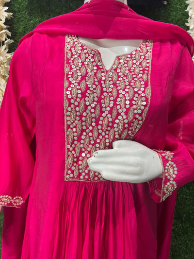 A-Line Kurta Set with Pant & Dupatta Featuring Cutdana and Sequin Hand Embroidery