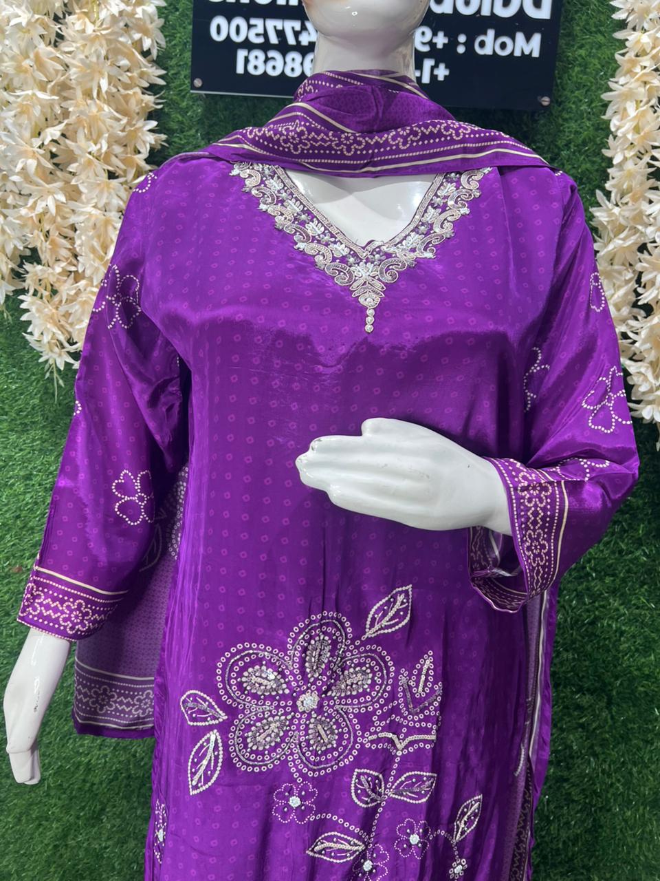 Bandhani Printed Crepe Kurta Set with Hand-Embroidered