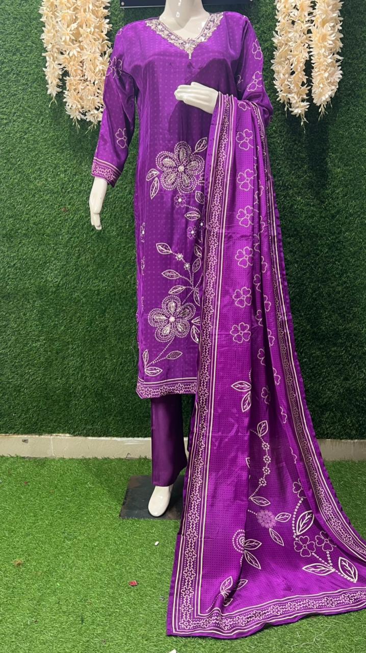 Bandhani Printed Crepe Kurta Set with Hand-Embroidered