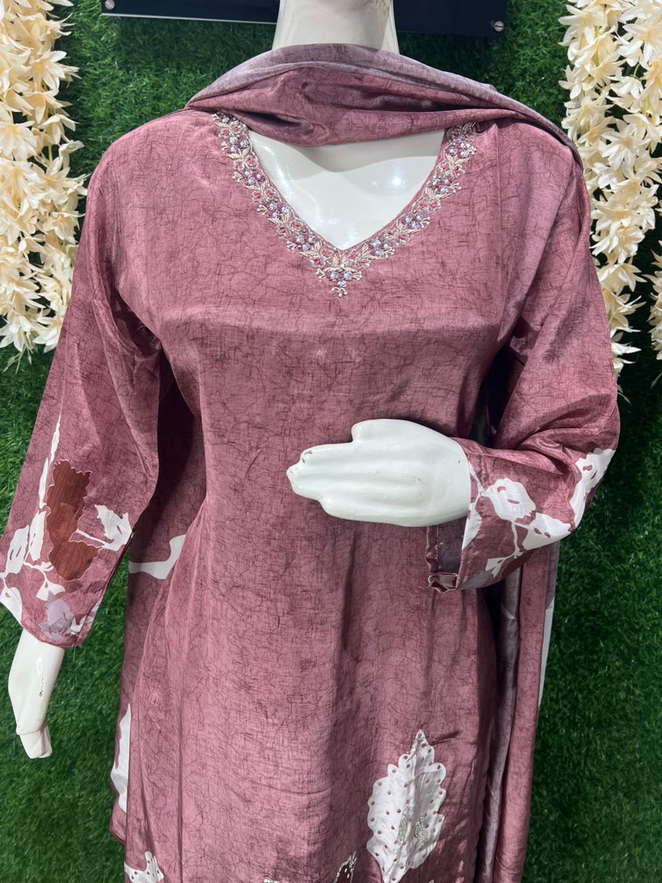 Brown Digital Printed Crepe Suit Set with Elegant Handwork