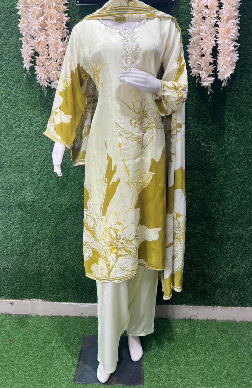 Party Wear Crepe Suit Set with Cutdana & Pearl Hand Embroidery on Neckline