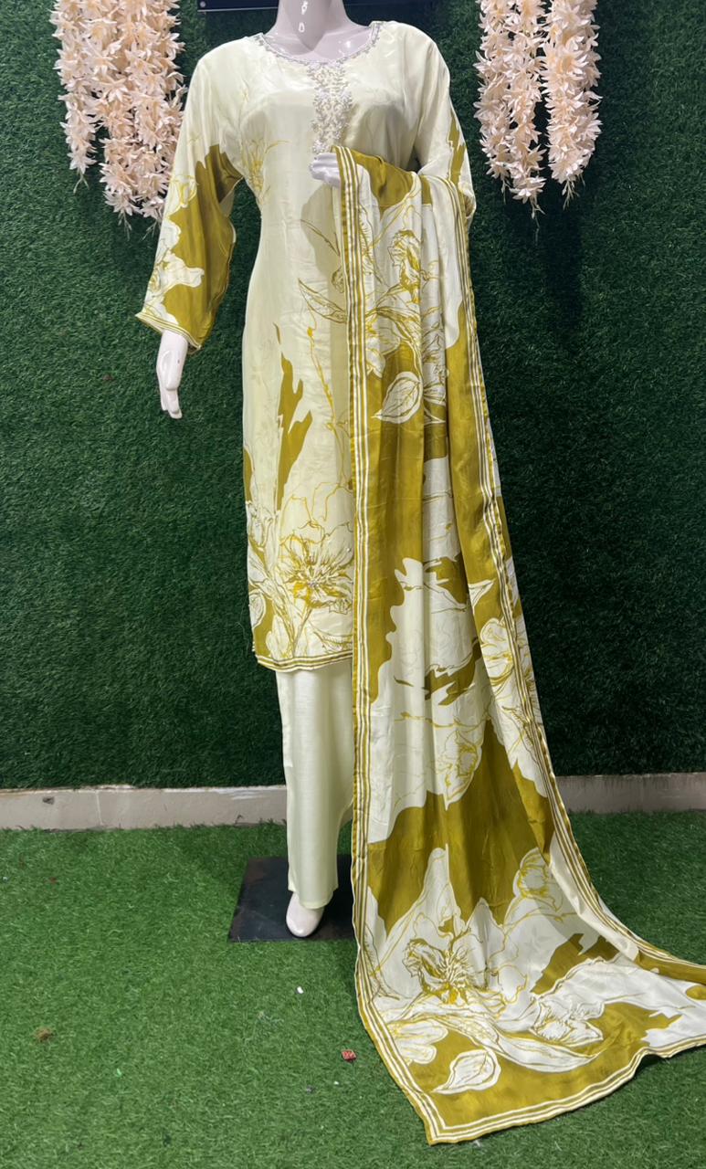 Party Wear Crepe Suit Set with Cutdana & Pearl Hand Embroidery on Neckline