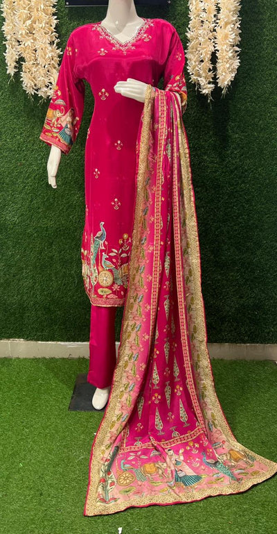 Crepe Kurti Suit Set with Handwork & Traditional Digital Print Dupatta