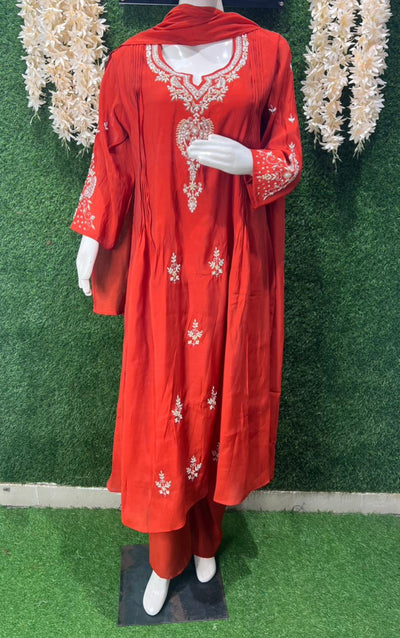 Mul Chanderi Hand-Embroidered A-Line Kurta Set with Pant & Dupatta