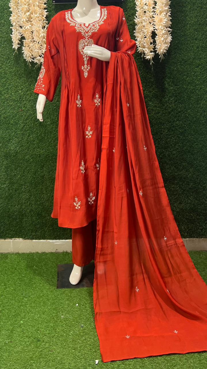 Mul Chanderi Hand-Embroidered A-Line Kurta Set with Pant & Dupatta