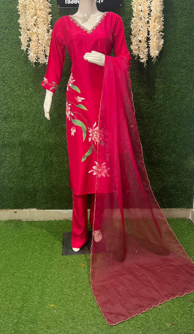 Hand Printed Silk Kurta with Cutdana, Sequin, Pearl & Thread Work