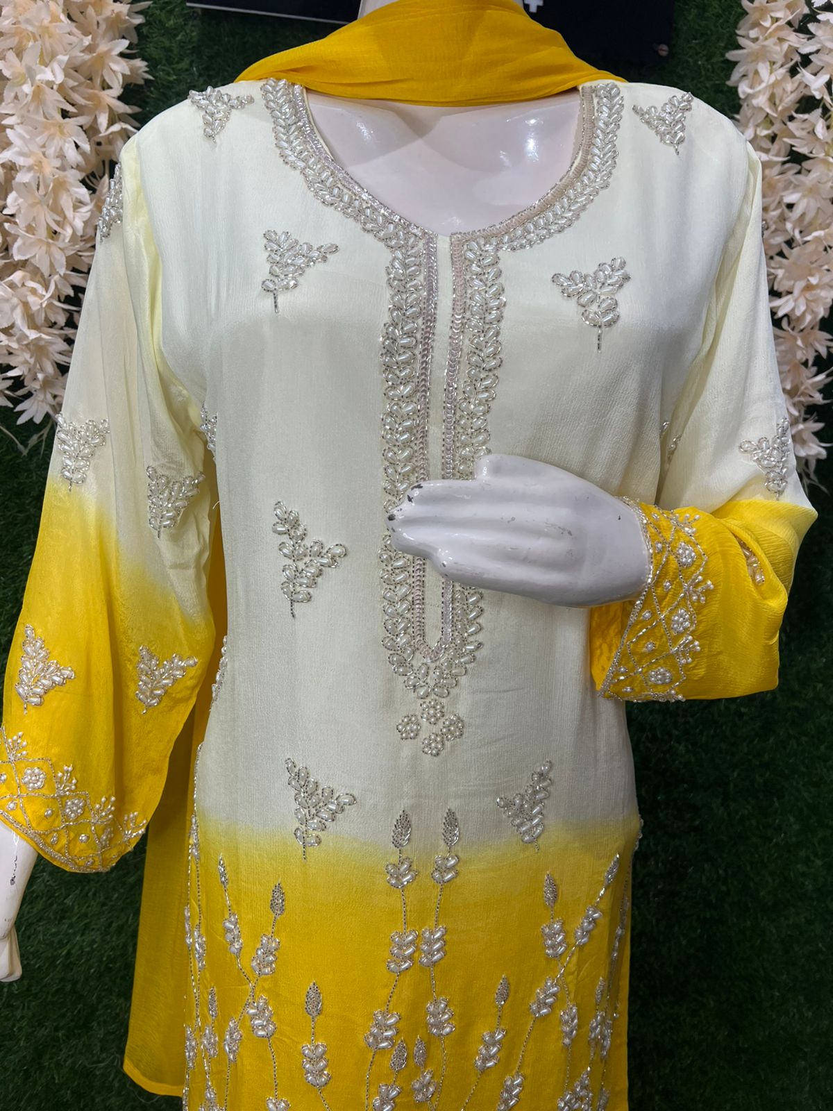 Ombré Crepe Kurta Sharara Suit Set with Sequin & Cutdana Hand Embroidery