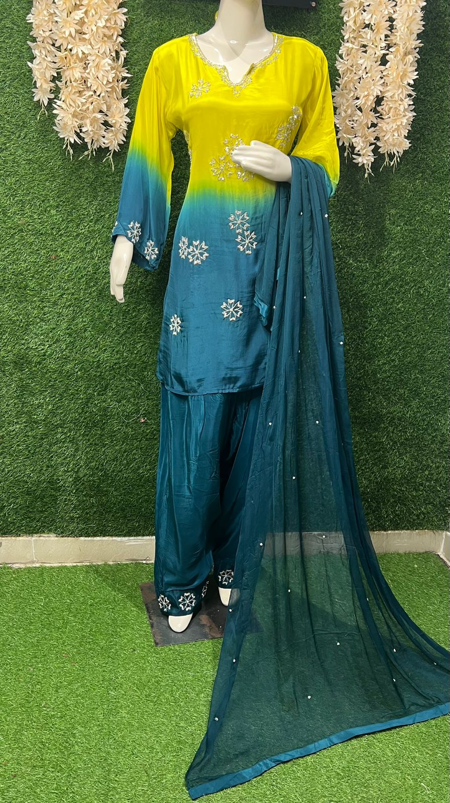 Yellow & Teal Blue Ombre Farshi Suit Set with Cutdana & Pearl Hand Embroidery and Chiffon Dupatta