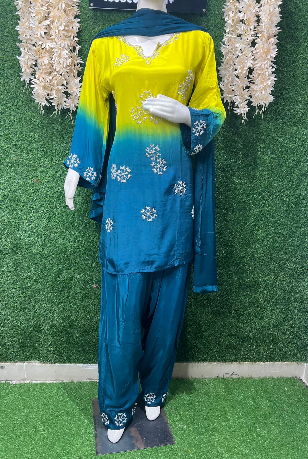 Yellow & Teal Blue Ombre Farshi Suit Set with Cutdana & Pearl Hand Embroidery and Chiffon Dupatta