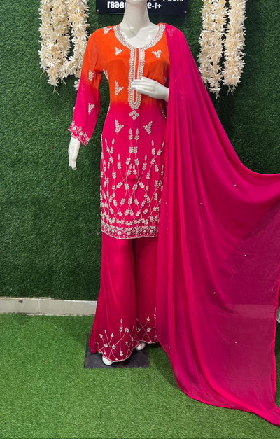 Ombré Crepe Kurta Sharara Suit Set with Sequin & Cutdana Hand Embroidery