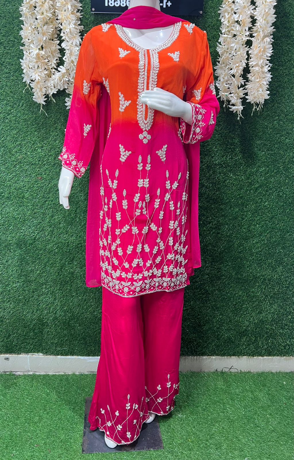 Ombré Crepe Kurta Sharara Suit Set with Sequin & Cutdana Hand Embroidery