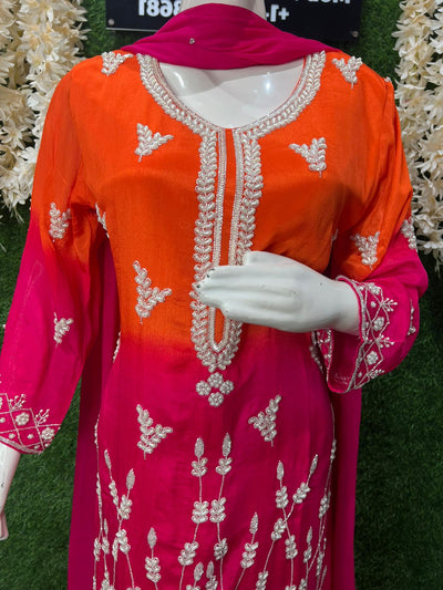 Ombré Crepe Kurta Sharara Suit Set with Sequin & Cutdana Hand Embroidery