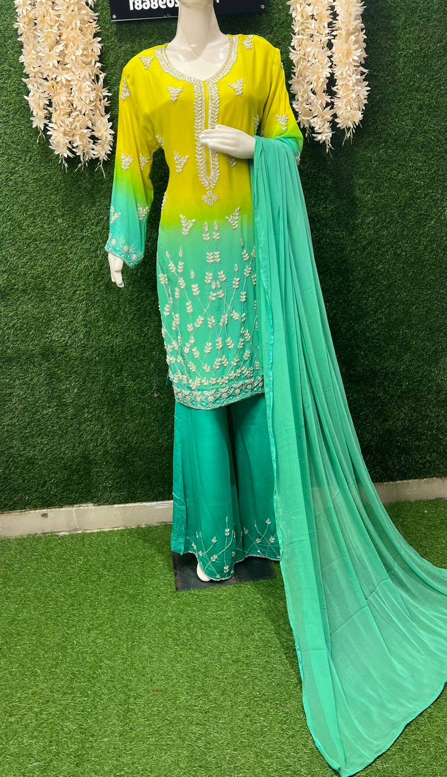 Ombré Crepe Kurta Sharara Suit Set with Sequin & Cutdana Hand Embroidery