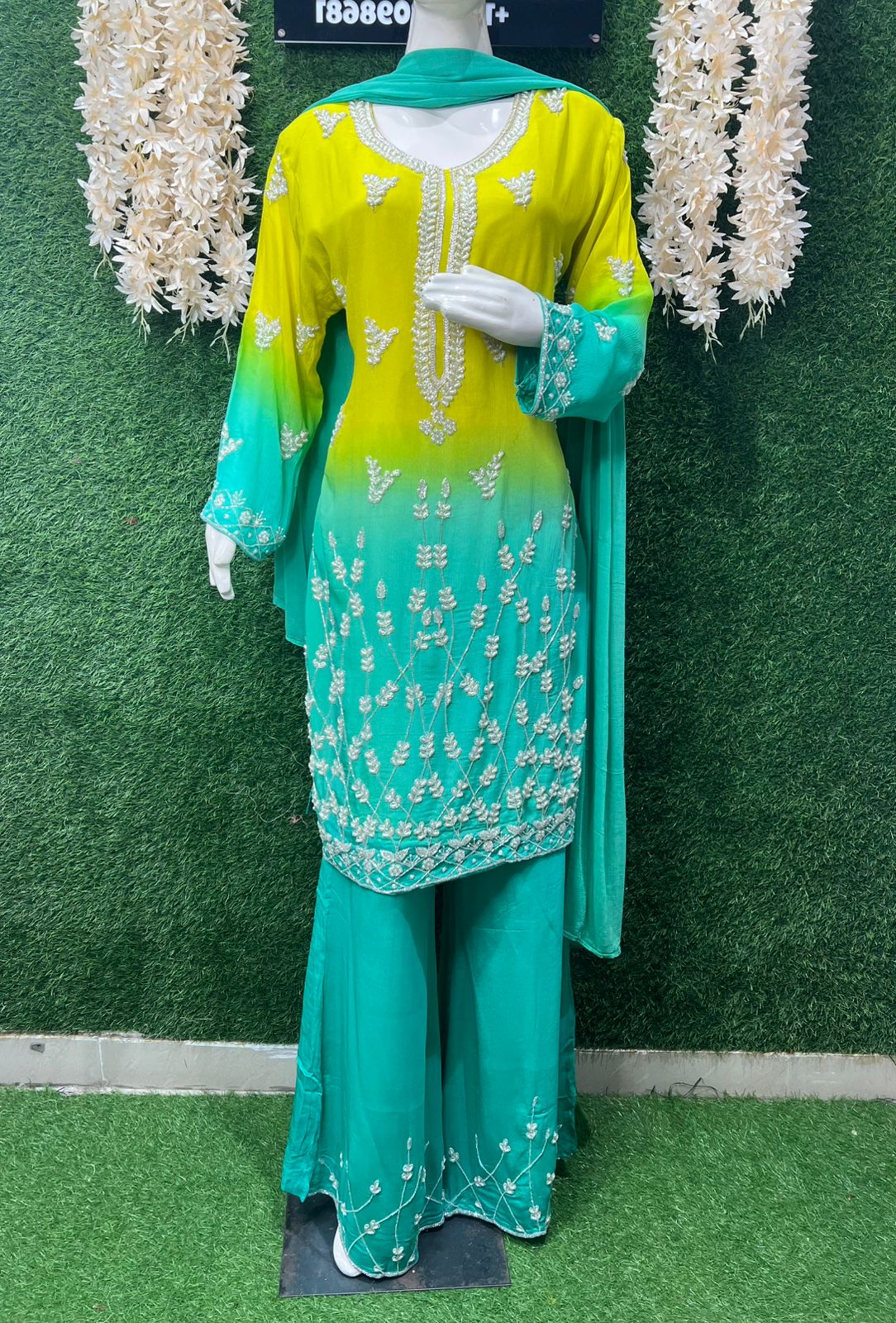 Ombré Crepe Kurta Sharara Suit Set with Sequin & Cutdana Hand Embroidery