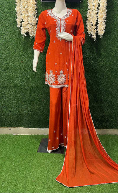 Hand-Embroidered Chinon Kurta Pant Set with Sequin, Pearl & Cutdana Work and Chiffon Dupatta