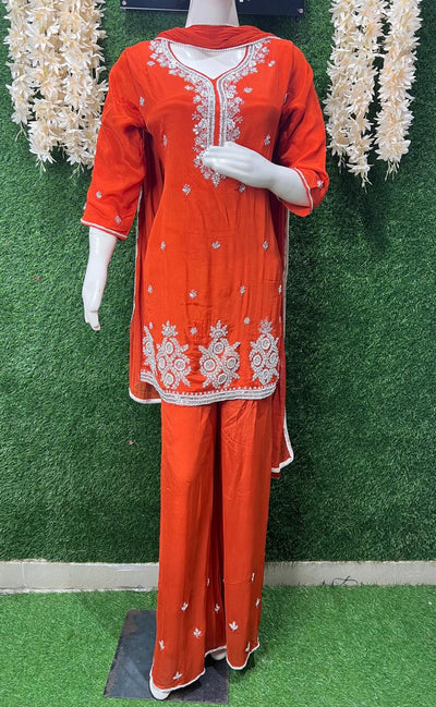 Hand-Embroidered Chinon Kurta Pant Set with Sequin, Pearl & Cutdana Work and Chiffon Dupatta