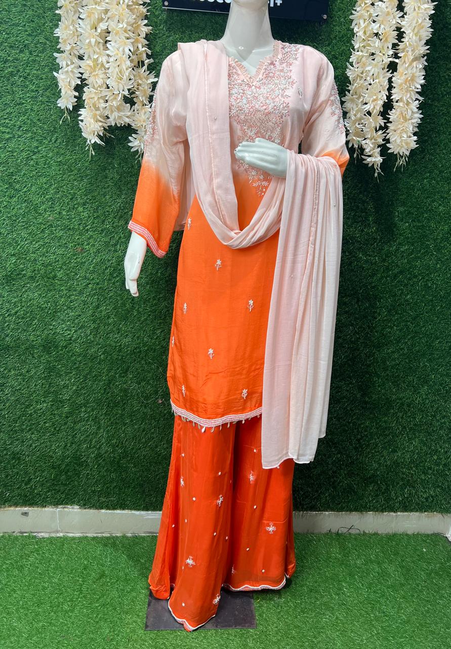 Ombré Chinon Kurta & Sharara Suit Set with Hand-Embroidered Sequin, Pearl & Cutdana Work and Chiffon Dupatta