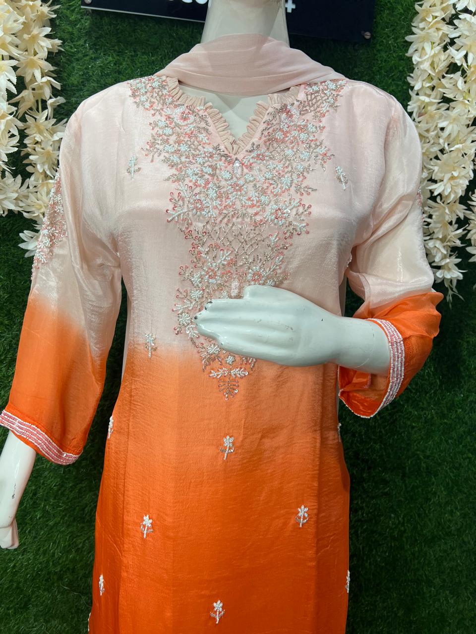Ombré Chinon Kurta & Sharara Suit Set with Hand-Embroidered Sequin, Pearl & Cutdana Work and Chiffon Dupatta
