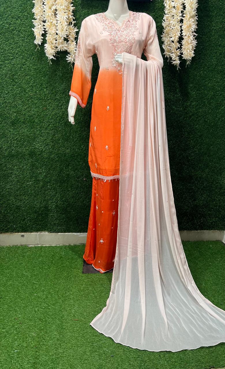 Ombré Chinon Kurta & Sharara Suit Set with Hand-Embroidered Sequin, Pearl & Cutdana Work and Chiffon Dupatta