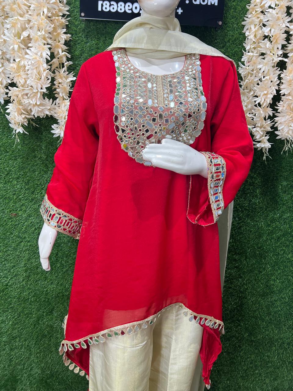 C-Cut Kurta Suit  Set in Tissue Shimmer Fabric with Real Mirror Work