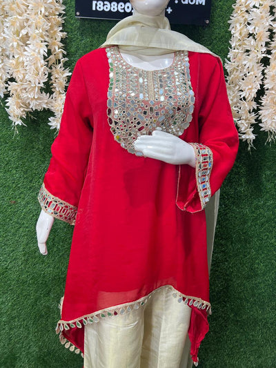 C-Cut Kurta Suit  Set in Tissue Shimmer Fabric with Real Mirror Work