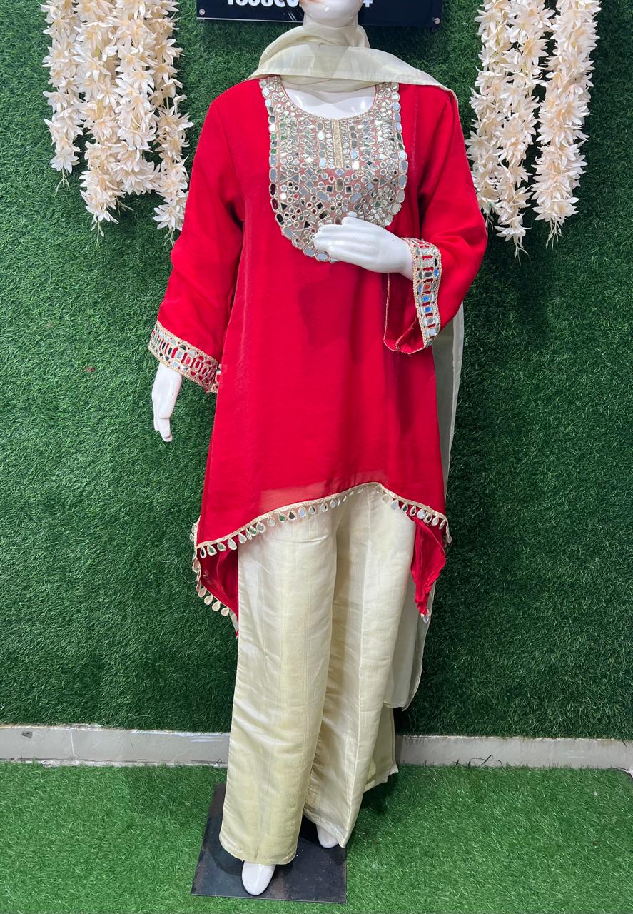 C-Cut Kurta Suit  Set in Tissue Shimmer Fabric with Real Mirror Work