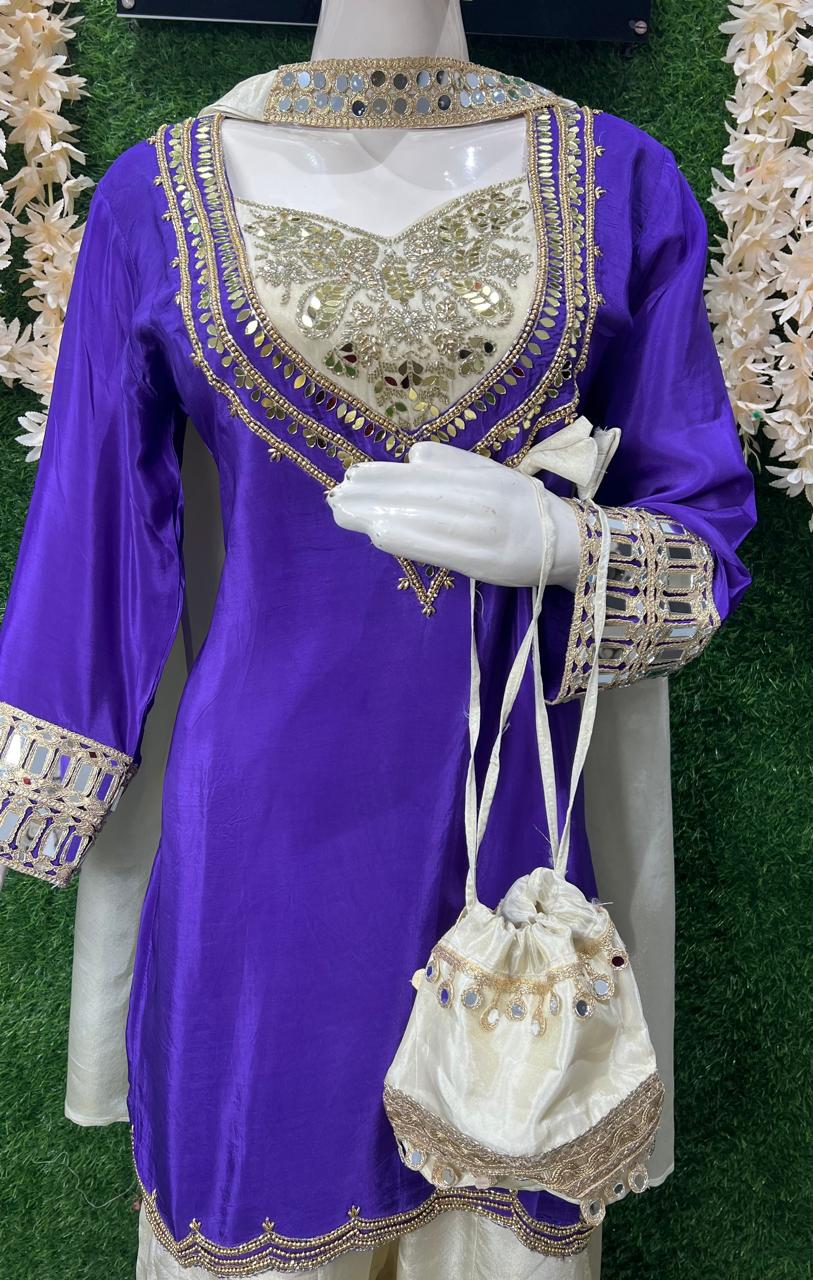 Purple & Gold Natural Crepe Suit Set with Hand Mirror Embroidery, Tissue Shimmer Palazzo, Choker Dupatta & Potli Bag