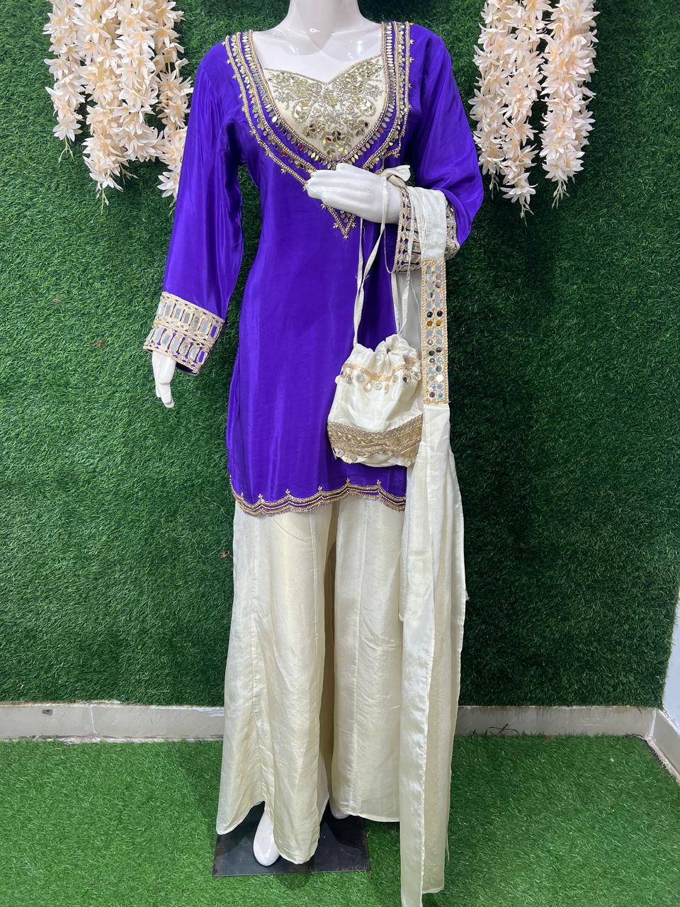 Purple & Gold Natural Crepe Suit Set with Hand Mirror Embroidery, Tissue Shimmer Palazzo, Choker Dupatta & Potli Bag