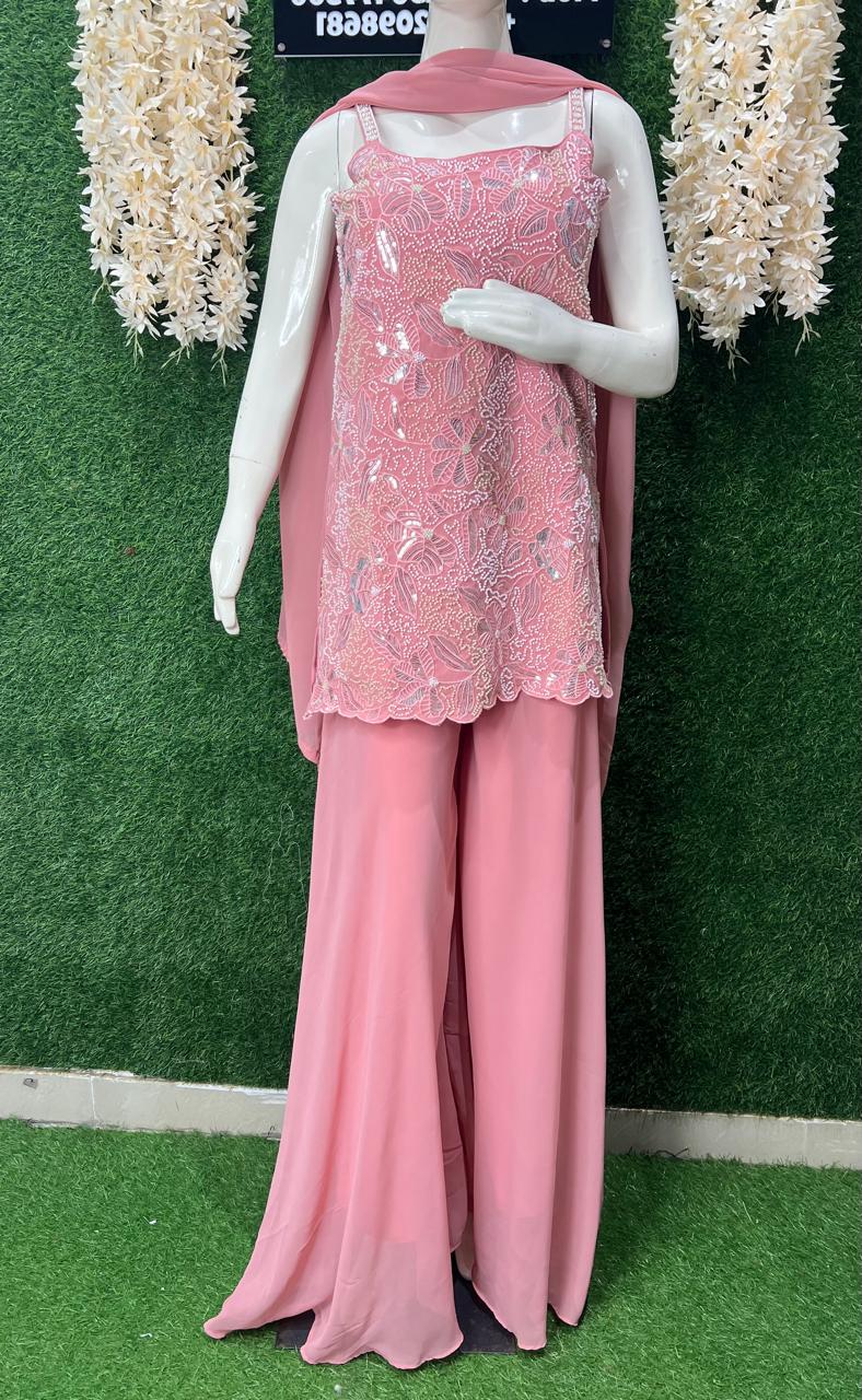 Pink Embroidery Strappy Kurti Palazzo Suit Set with Pearl & Sequin Work
