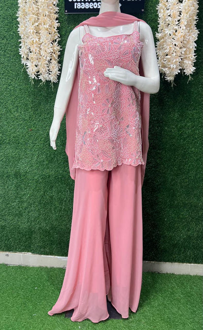 Pink Embroidery Strappy Kurti Palazzo Suit Set with Pearl & Sequin Work