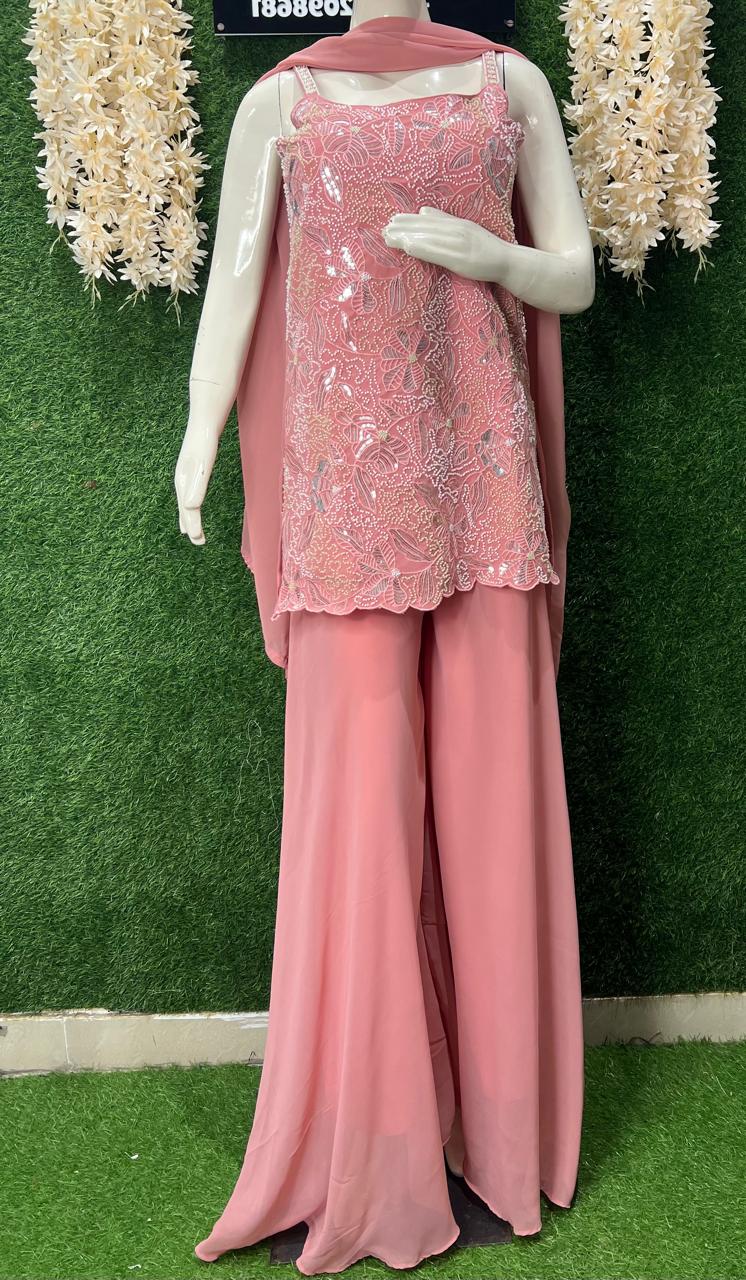Pink Embroidery Strappy Kurti Palazzo Suit Set with Pearl & Sequin Work