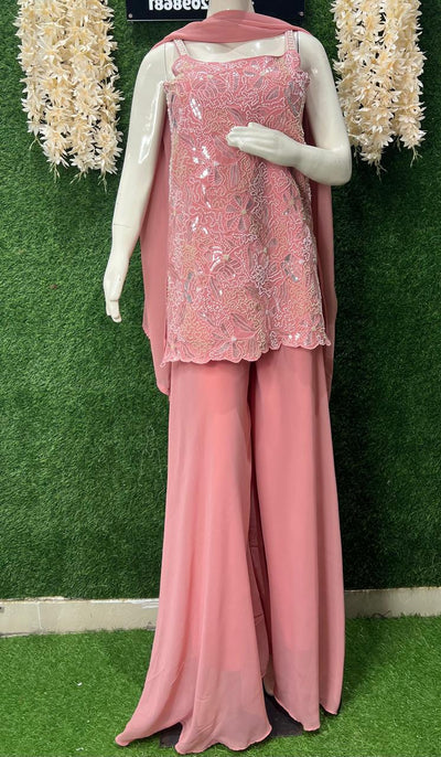 Pink Embroidery Strappy Kurti Palazzo Suit Set with Pearl & Sequin Work