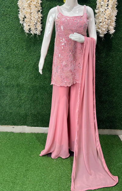 Pink Embroidery Strappy Kurti Palazzo Suit Set with Pearl & Sequin Work