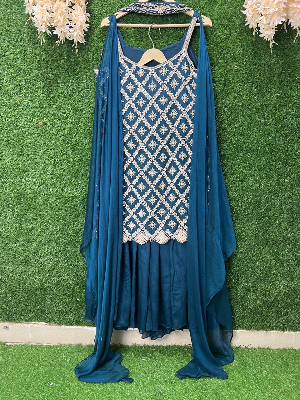 Readymade Sharara Suit with Sequin & Cutdana Embroidery Kurta and Choker Dupatta
