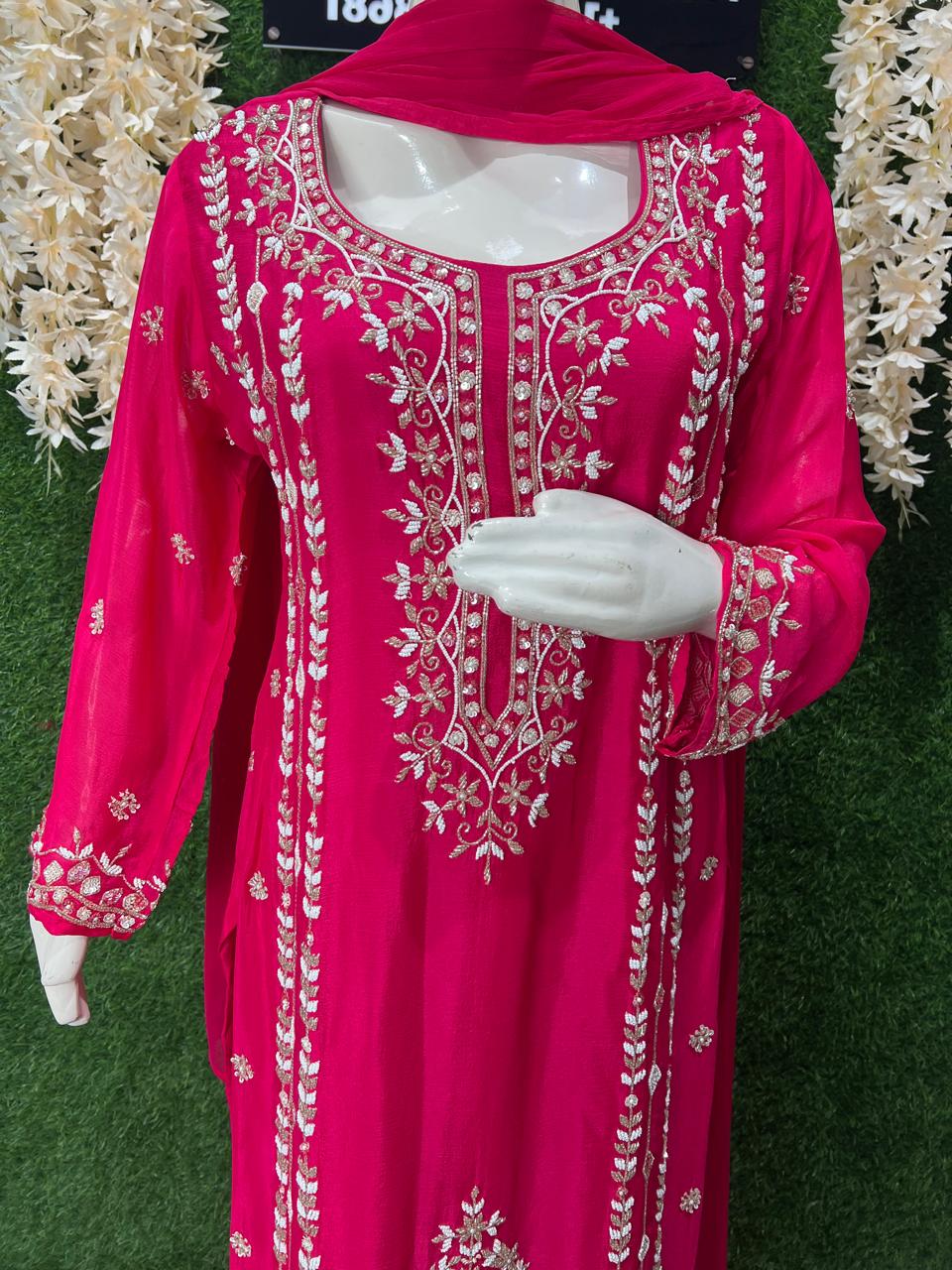 Hand-Embroidery Crepe Palazzo Suit with Pearl & Cutdana Work and Chiffon Dupatta